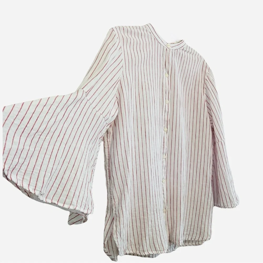 CHAPS Bell Sleeve Button Down Women’s Blouse, Linen&Cotton, Red/White, Large - Picture 3 of 11